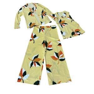 Vintage 1970s 3 Pc Floral Pant Suit Set Wide Leg Pants Top Jacket Boho Mod M/L -